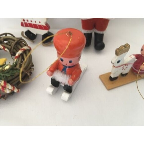 Vintage Christmas Decorations Flocked Santa, Wooden Ornaments, Wreath - Picture 3 of 5